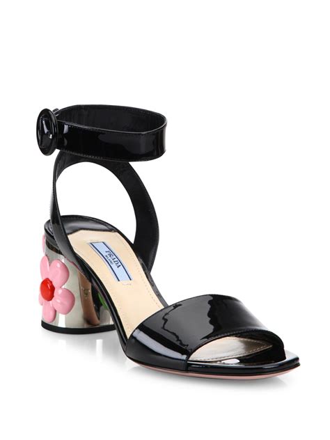 prada patent leather flower sandals|Prada high heeled satin sandals.